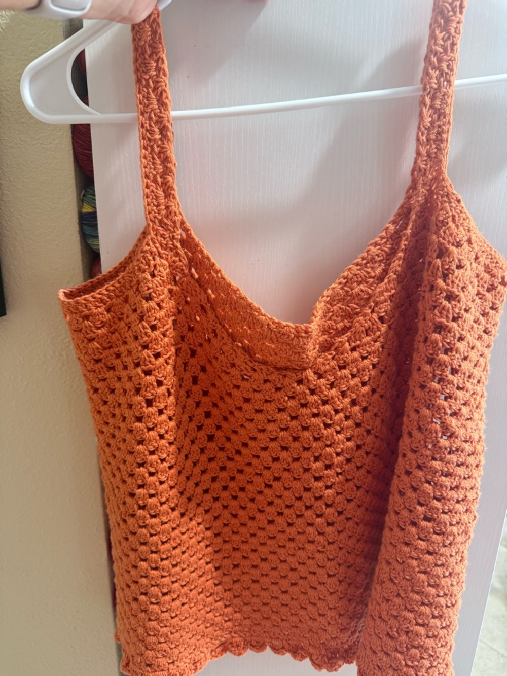 Handmade Crochet Tank Top in Burnt Orange 
W 21 inches/L 20.5
Cotton/Bamboo Yarn